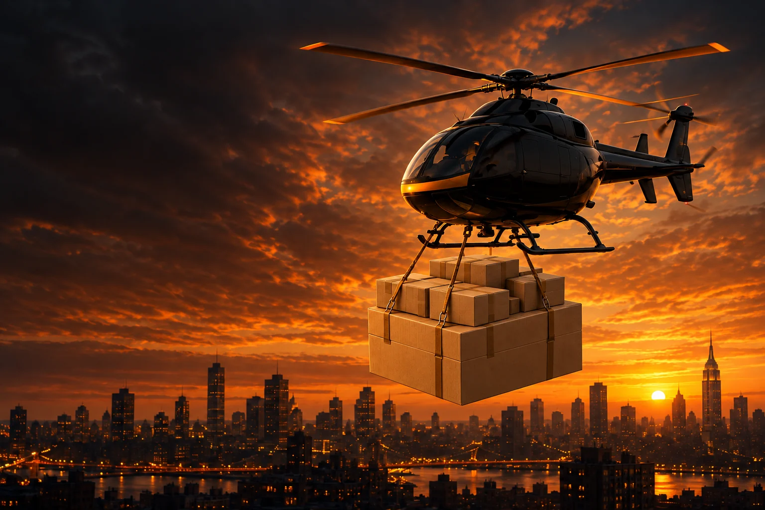 Helicóptero sin marcas transportando paquetes sobre una ciudad al atardecer