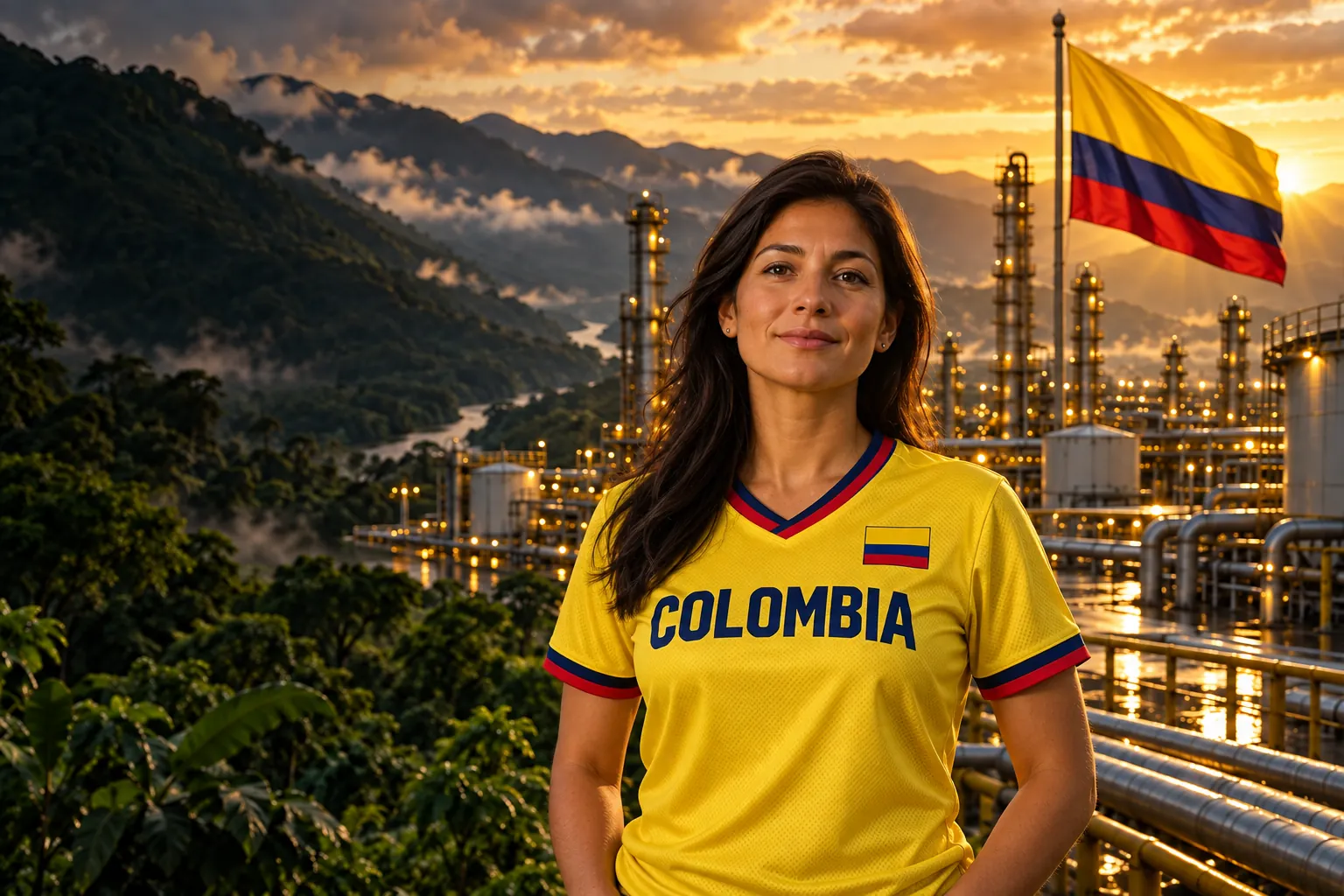 Imagen conceptual: mujer con camiseta amarilla de Colombia y bandera colombiana, frente a una refinería y montañas verdes