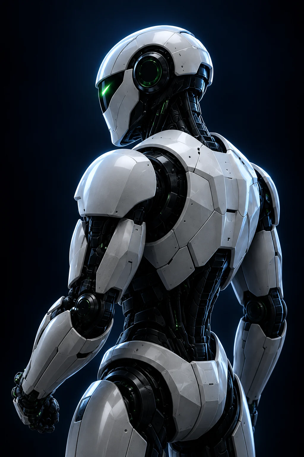 Robot de trading futurista en plata, con detalles verdes